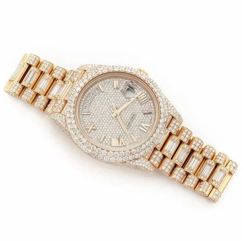 PJ R*L*X Mens Moissanite Watch Yellow Gold Baguette Diamond Day Date Roman Numerals Full Pave Setting Iced Watch Luxury Multi Function