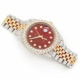 PJ R*L*X  Mens Moissanite Watch Two Tone Yellow Gold Red Dial Diamond Bezel Full Pave Iced Watch Luxury Jubilee Bracelet