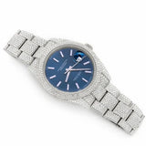 PJ R*L*X  Mens Moissanite Watch Silver Tone Full Diamond Blue Dial Pave Setting Iced Watch Luxury Stainless Steel Monochromatic