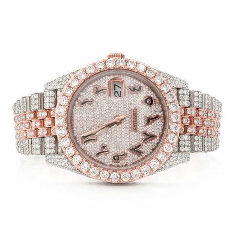 PJ R*L*X  Mens Moissanite Watch Two Tone Rose Gold Full Diamond Pave Setting Arabic Numerals Iced Watch Luxury Middle East Style