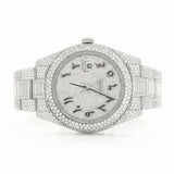 PJ R*L*X  Mens Moissanite Watch Silver Tone Full Diamond Arabic Numerals Baguette Pave Setting Iced Watch Luxury Middle East Style