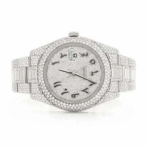 PJ R*L*X  Mens Moissanite Watch Silver Tone Full Diamond Arabic Numerals Baguette Pave Setting Iced Watch Luxury Middle East Style