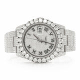 PJ R*L*X  Mens Moissanite Watch Silver Tone Full Diamond Pave Setting Roman Numerals Iced Watch Luxury Stainless Steel Monochromatic
