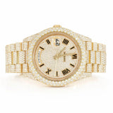 PJ R*l*x Mens Moissanite Watch Yellow Gold Full Diamond Pave Setting Day Date Roman Numerals Iced Watch Luxury Presidential Bracelet Monochromatic