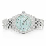 PJ R*L*X  Womens Moissanite Watch Silver Tone Tiffany Blue Dial Diamond Bezel Full Pave Iced Watch Luxury Jubilee Bracelet