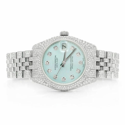 PJ R*L*X  Womens Moissanite Watch Silver Tone Tiffany Blue Dial Diamond Bezel Full Pave Iced Watch Luxury Jubilee Bracelet