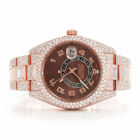 PJ R*L*X  Mens Moissanite Watch Rose Gold Brown Dial Baguette Diamond GMT 24 Hour Full Pave Setting Iced Watch Luxury Multi Function