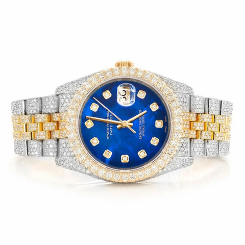 PJ R*l*x Mens Moissanite Watch Two Tone Gold Silver Blue MOP Dial Full Diamond Pave Setting Iced Watch Luxury Jubilee Bracelet