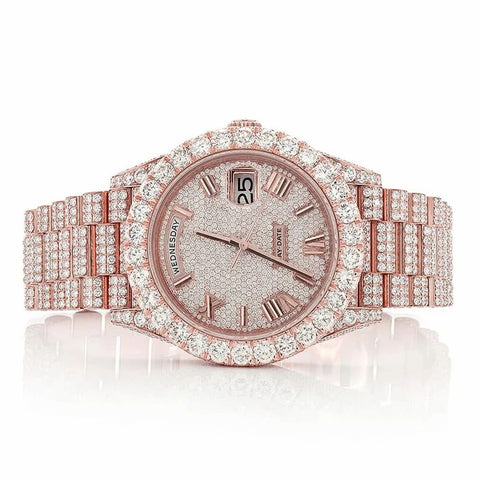 PJ R*l*x Mens Mens Moissanite Watch Rose Gold Full Diamond Pave Setting Day Date Roman Numerals Iced Watch Luxury Presidential Bracelet Monochromatic