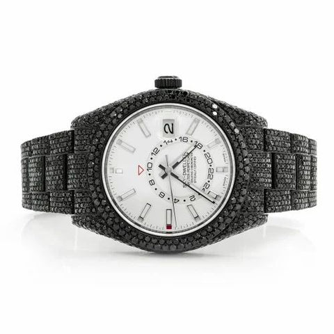 PJ R*L*X  Mens Moissanite Watch Black Iced Out GMT 24 Hour Full Diamond Pave White Dial Iced Watch Luxury Multi Function