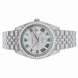 PJ R*L*X  Mens Moissanite Watch Silver Tone Full Diamond Green Roman Numerals Pave Setting Iced Watch Luxury Jubilee Bracelet