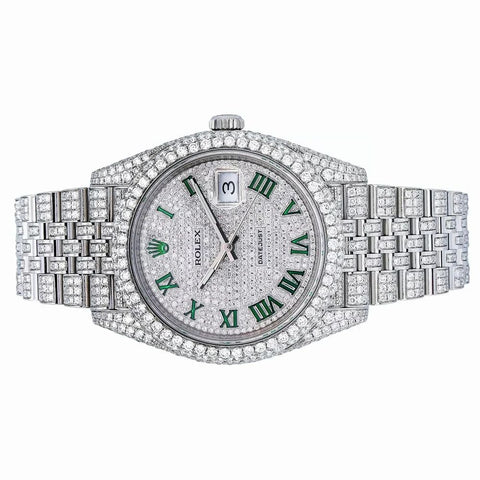 PJ R*L*X  Mens Moissanite Watch Silver Tone Full Diamond Green Roman Numerals Pave Setting Iced Watch Luxury Jubilee Bracelet