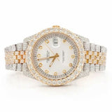 PJ R*l*x Mens Moissanite Watch Two Tone Yellow Gold Full Diamond Pave Setting Iced Watch Luxury Jubilee Bracelet Diamond Markers