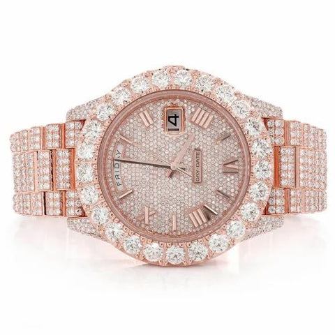 PJ R*L*X  Mens Moissanite Watch Rose Gold Full Diamond Pave Setting Day Date Roman Numerals Iced Watch Luxury Presidential Bracelet Monochromatic