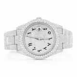 PJ R*l*x Mens Moissanite Watch Silver Tone Full Diamond Arabic Numerals Pave Setting Iced Watch Luxury Stainless Steel Middle East Style