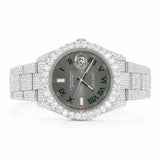 PJ R*L*X Mens Moissanite Watch Silver Tone Full Diamond Gray Dial Green Roman Numerals Pave Setting Iced Watch Luxury Angular Design