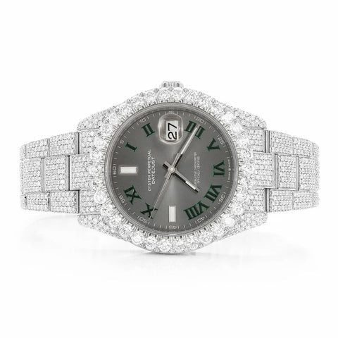 PJ R*L*X Mens Moissanite Watch Silver Tone Full Diamond Gray Dial Green Roman Numerals Pave Setting Iced Watch Luxury Angular Design