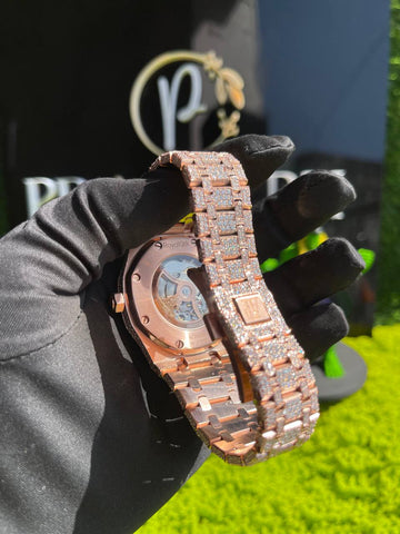 PJ AP Two Tone Dial Bling Automatic Mechanical Iced Out Unisex Moissanite Diamond Watch Tester Pass Original Box Included