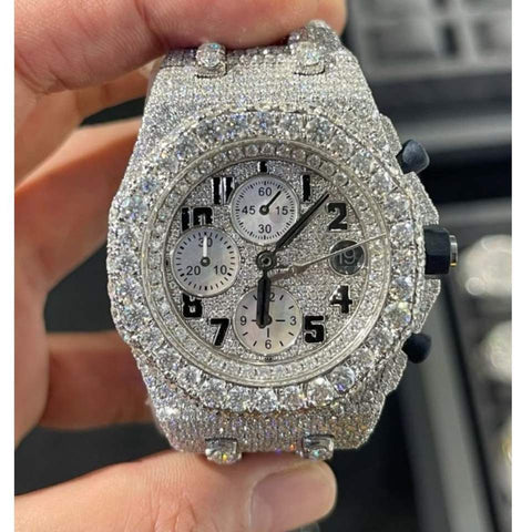 PJ AP  Mens Moissanite Watch Silver Tone Octagonal Chronograph Full Diamond Pave Setting Iced Watch Luxury Sport Integrated Bracelet