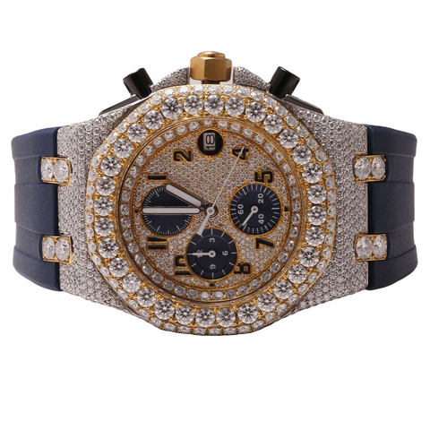 PJ AP Mens Moissanite Watch Two Tone Gold Silver Chronograph Blue Rubber Strap Full Diamond Pave Setting Iced Watch Luxury Sport