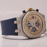 PJ AP Mens Moissanite Watch Two Tone Gold Silver Chronograph Blue Rubber Strap Full Diamond Pave Setting Iced Watch Luxury Sport