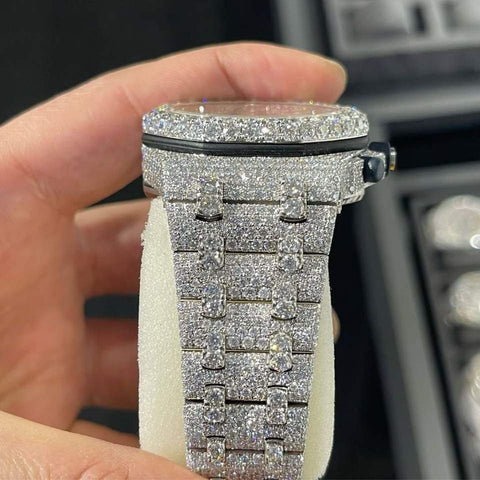 PJ AP  Mens Moissanite Watch Silver Tone Octagonal Chronograph Full Diamond Pave Setting Iced Watch Luxury Sport Integrated Bracelet