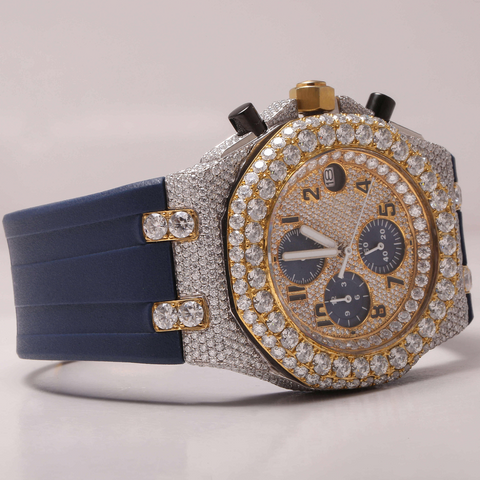 PJ AP Mens Moissanite Watch Two Tone Gold Silver Chronograph Blue Rubber Strap Full Diamond Pave Setting Iced Watch Luxury Sport