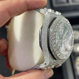 PJ AP  Mens Moissanite Watch Silver Tone Octagonal Chronograph Full Diamond Pave Setting Iced Watch Luxury Sport Integrated Bracelet