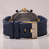 PJ AP Mens Moissanite Watch Two Tone Gold Silver Chronograph Blue Rubber Strap Full Diamond Pave Setting Iced Watch Luxury Sport