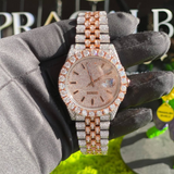 back view of diamond iced out watch from pragalbh jewels featuring two tone bracelet and polished finish