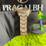 side profile view of gold diamond iced out watch by pragalbh jewels handcrafted for premium style