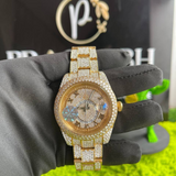 bracelet side view of gold iced out diamond watch by pragalbh jewels with luxury detailing
