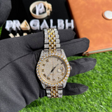 back view of gold and silver iced out diamond watch by pragalbh jewels with luxury bracelet design