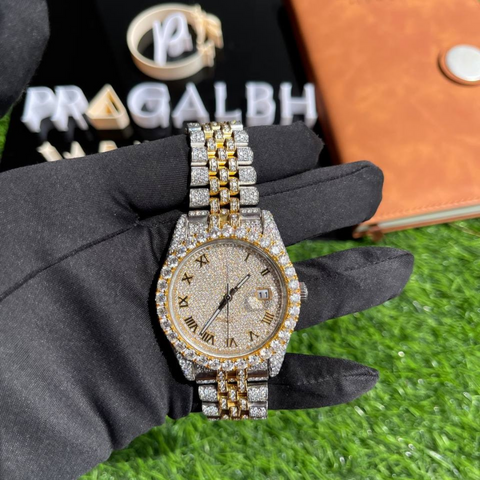 back view of gold and silver iced out diamond watch by pragalbh jewels with luxury bracelet design