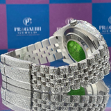 angled reflection view of iced out silver diamond watch from pragalbh jewels premium luxury design