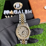 side profile of luxury iced out watch by pragalbh jewels showing detailed stone setting