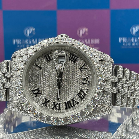 luxury silver diamond iced out watch by pragalbh jewels front straight view showing elegant design