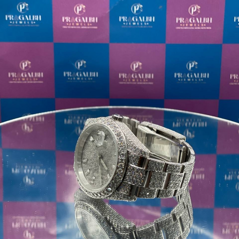 side view of luxury silver diamond watch by pragalbh jewels fully flooded with sparkling stones