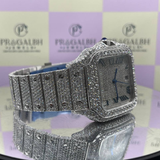 angled reflection view of square silver iced out diamond watch by pragalbh jewels with luxury finish