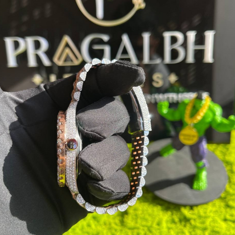 side profile of rose gold diamond watch by pragalbh jewels showing luxury detailing and craftsmanship