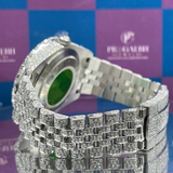 side angle view of luxury silver iced out watch by pragalbh jewels featuring brilliant diamond setting