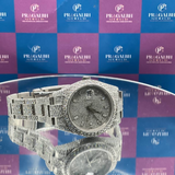 front angled view of silver iced out diamond watch by pragalbh jewels luxury timepiece design