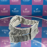 back side view of silver iced out watch by pragalbh jewels showing premium craftsmanship