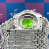 back view of silver iced out diamond watch from pragalbh jewels showcasing bracelet details and shine