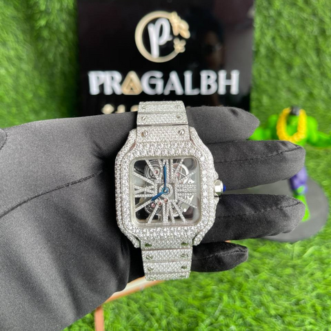front view of skeleton iced out silver watch by pragalbh jewels luxury mens hip hop jewelry