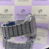 front closeup of square iced out diamond watch by pragalbh jewels showcasing roman numerals and diamond bezel