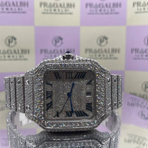 front angle view of square shaped iced out silver diamond watch by pragalbh jewels luxury men jewelry