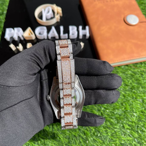 two tone diamond watch band and back view by pragalbh jewels featuring detailed stone setting