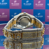 rear angle view of two tone diamond iced out watch by pragalbh jewels with round stones bracelet
