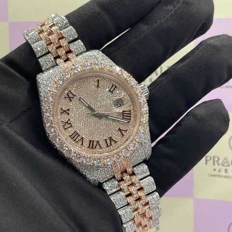 back view of two tone iced out diamond watch by pragalbh jewels showing luxury bracelet design